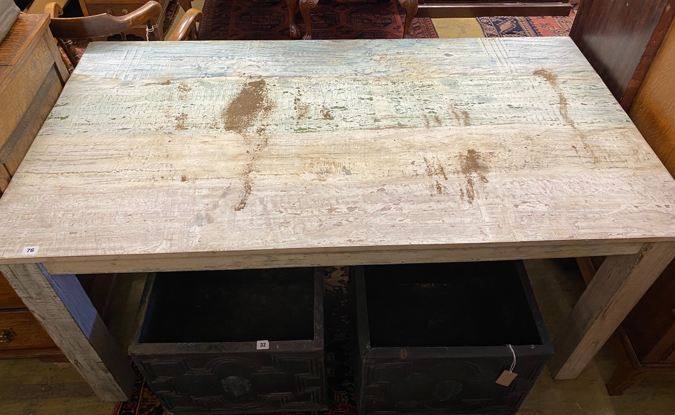 A Victorian style rectangular painted kitchen table, width 161cm, depth 90cm, height 76cm